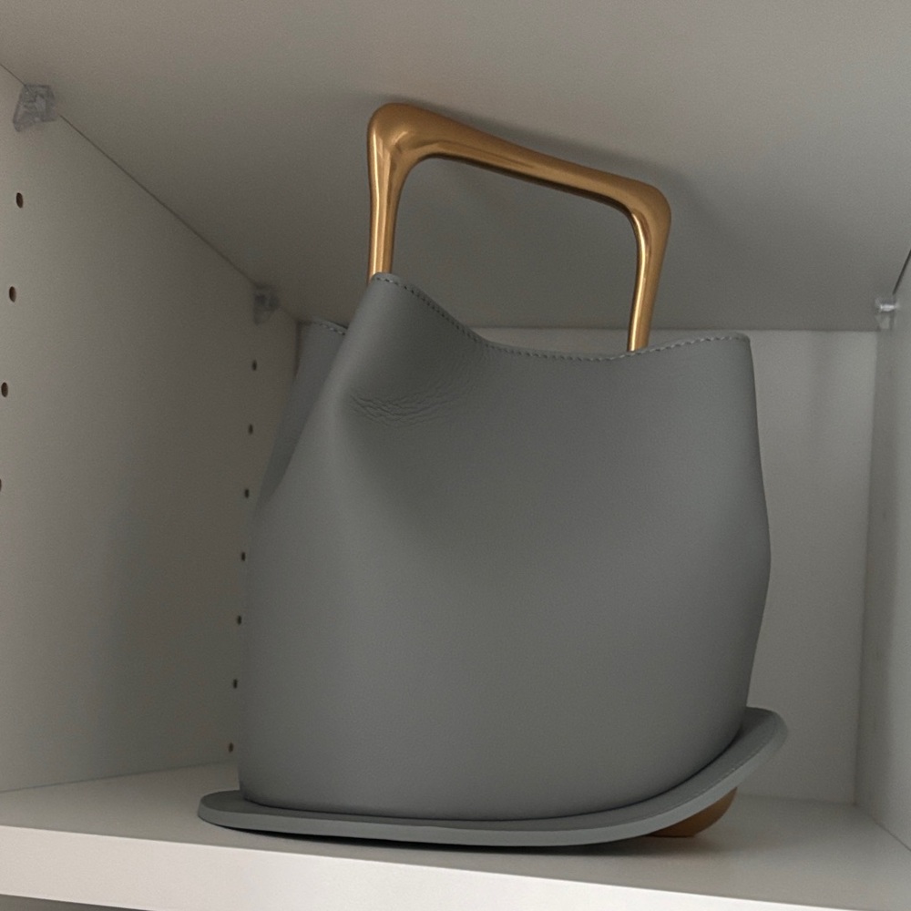 Elegant Gray Handbag with Gold Handle